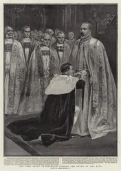 El Gran Chambelán ciñendo la espada al Rey